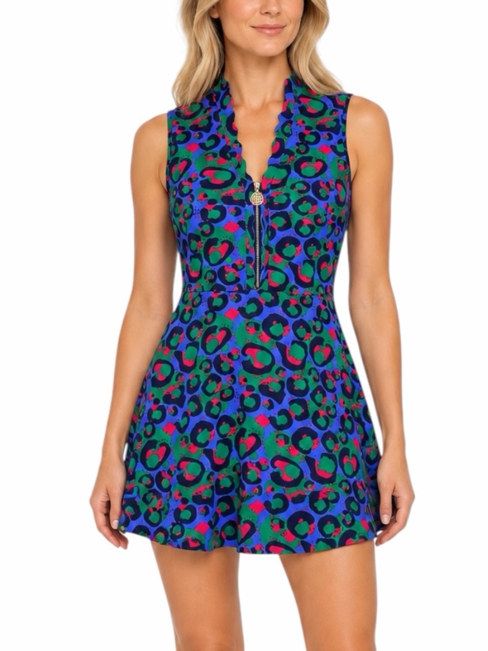 Emily McCarthy Varsity Orchid Dress Size M Freckle Spot Cheetah Zip Front Blue